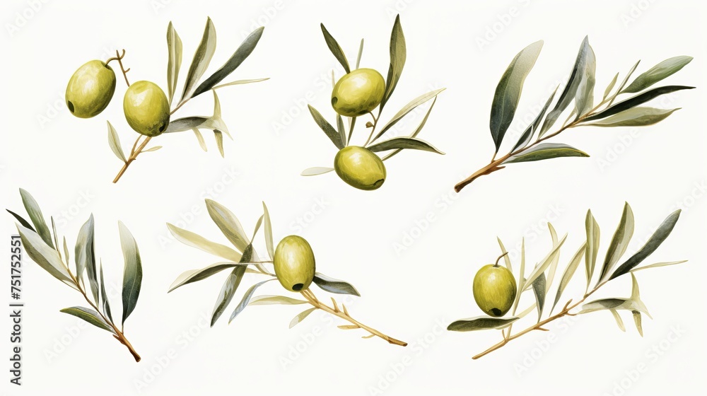 Obraz premium Green olives and olive branches showcased against a white backdrop.