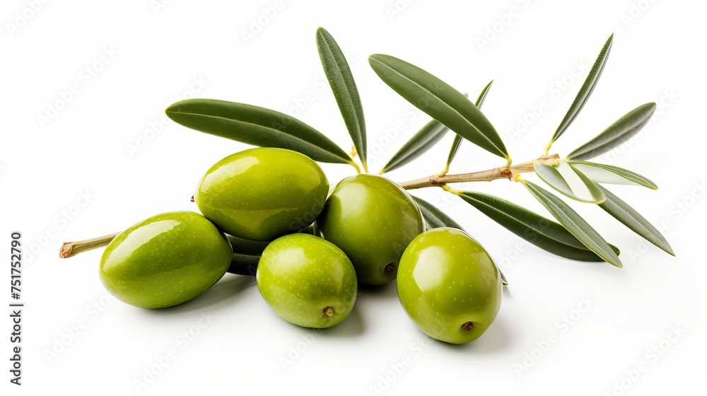 Green olives on a white background, isolated with an olive branch. Green olives on a white background, isolated with an olive branch.