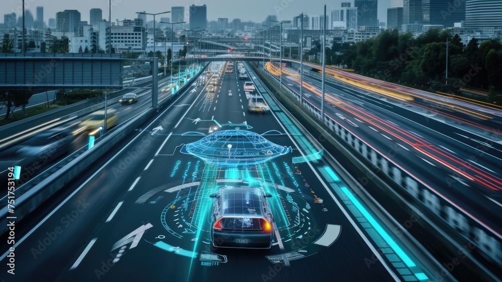 Autonomous electric vehicle on a smart highway with interactive road signs and traffic management, symbolizing the future of transportation