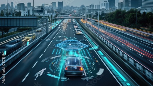 Autonomous electric vehicle on a smart highway with interactive road signs and traffic management  symbolizing the future of transportation