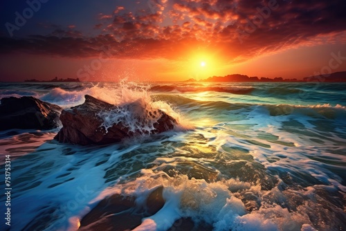 beach with waves at sunset with red sky © Alexei