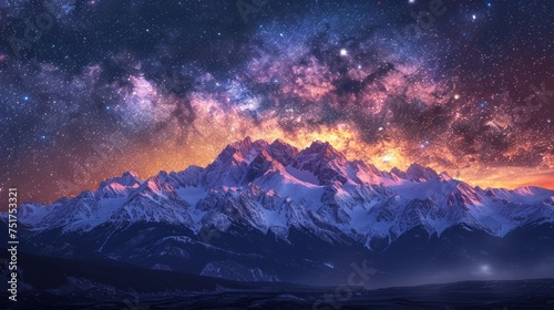 Starry Night Sky Above Mountain Range © olegganko