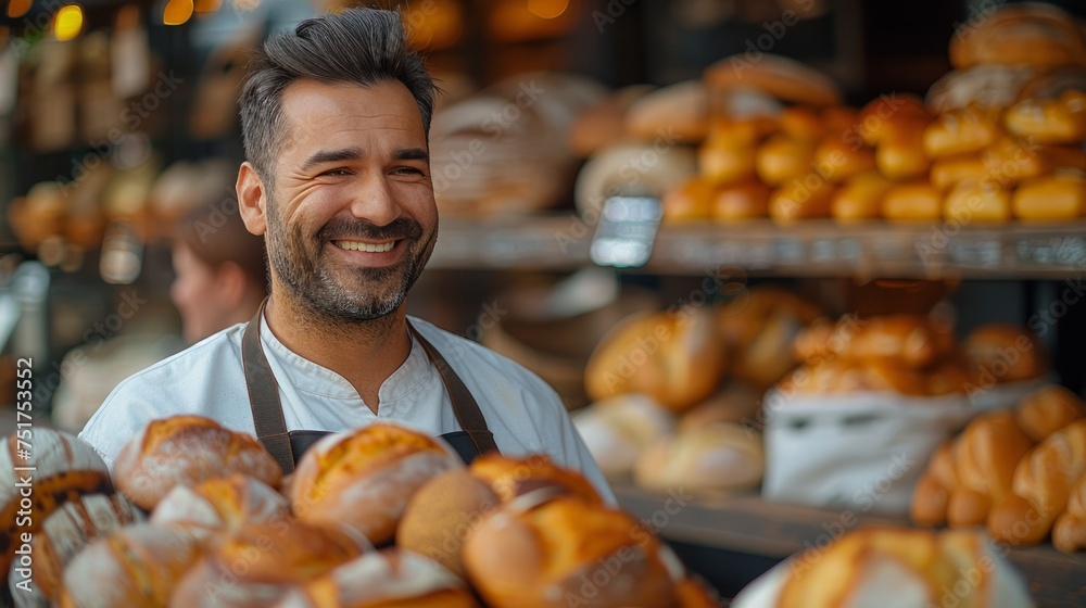Man Standing in Front of Display of Breads