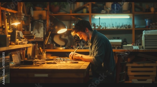 A woman is sitting at a desk in a workshop, building and working on a piece of equipment with fun and sharing in an art room. AIG41 © Summit Art Creations
