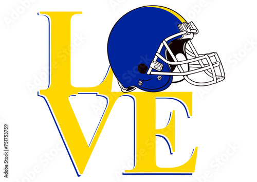 Love - word- Yellow and blue football player helmet, sport vector graphics, hockey, for websites, greetings, banners, cards,, t-shirt, sweatshirt, prints, cricut, silhouette,	