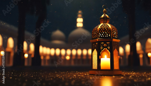 Ramadan Kareem Islamic mosque lantern with Eid Mubarak greeting photo