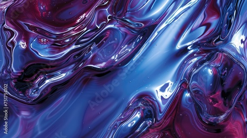 abstract painting features swirls of blue and purple liquid against a black background. The vibrant colors and swirling motion create a sense of energy and dynamism.