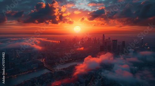 A stunning aerial view of a city at sunset with the sun peeking through the clouds, creating a beautiful orange afterglow in the dusk sky