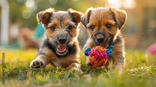 Two Small Dogs Playing With a Ball in the Grass