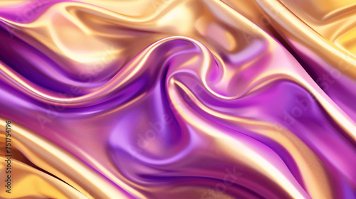  Design an abstract background featuring a 3D wave pattern with bright gold and purple gradient silk fabric.