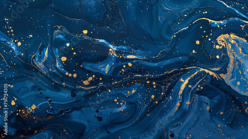 Abstract blue marble texture with gold splashes to form a luxurious background with photorealistic elements