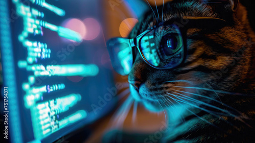 Hacker works in dark room, cat wearing glasses uses computer. Concept of spy, ransomware, cyber technology, hack, vulnerability, scam, fraud and virus