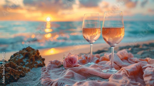 Two Glasses of Wine on a Beach Blanket
