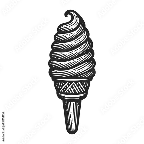 swirling soft serve ice cream in a waffle cone sketch engraving generative ai vector illustration. Scratch board imitation. Black and white image.