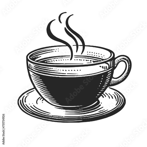 Cup of hot coffee or tea sketch engraving generative ai vector illustration. Scratch board imitation. Black and white image.