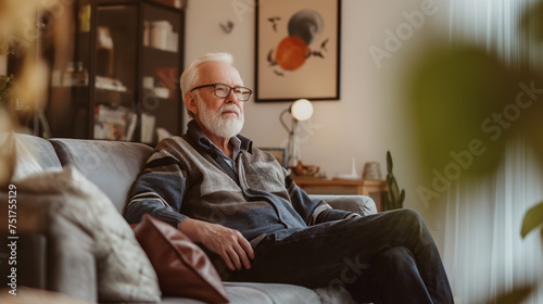 Homem idoso sentado no sofa de sua casa -  Papel de parede photo