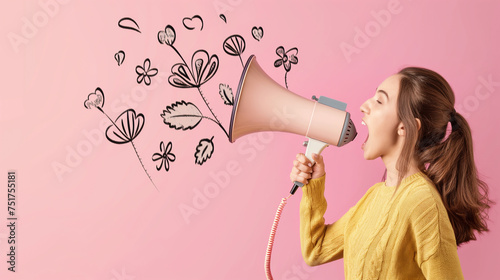 Mulher falando no alto falante e saindo flores isolado no fundo rosa 