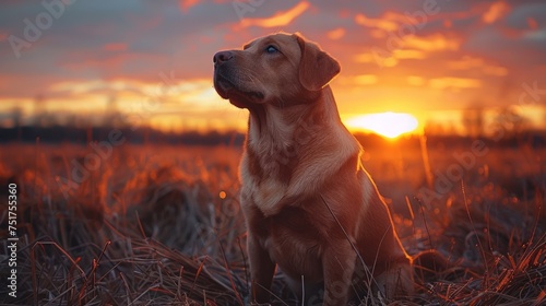 Dog Sitting in Field at Sunset