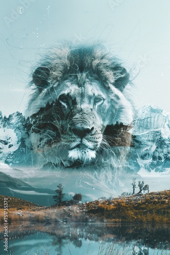 A mesmerizing surreal multi-image mashup featuring a meticulously detailed lion amidst an enigmatic backdrop, evoking a sense of mystery and intrigue photo