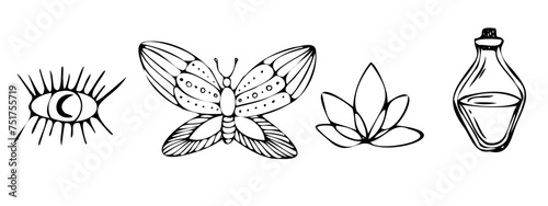 Mystic magic vector line elements. Contour minimalistic hand drawn doodle in black. mysterious eye, butterfly, lotus flower, potion bottle. Outline set of elements for logo, tattoo, books, prints.