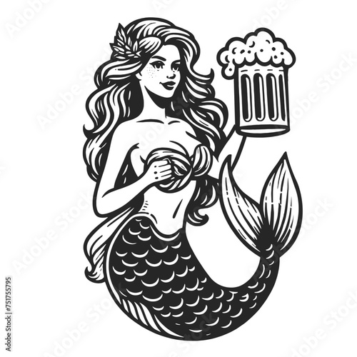 Mermaid with flowing hair, toasting with frothy beer mugs, adorned with marine flora. Lady sketch engraving generative ai fictional character vector illustration. Scratch board imitation.