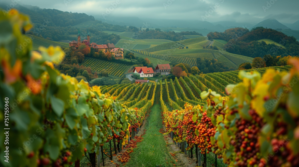 Splendid vineyards landscape in South Styria near Gamlitz. Autumn scene of grape hills in popular travell destination.