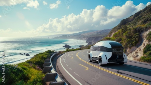 modern, eco-friendly autonomous pod travels along a scenic coastal road at sunset, showcasing the integration of advanced transportation with natural beauty