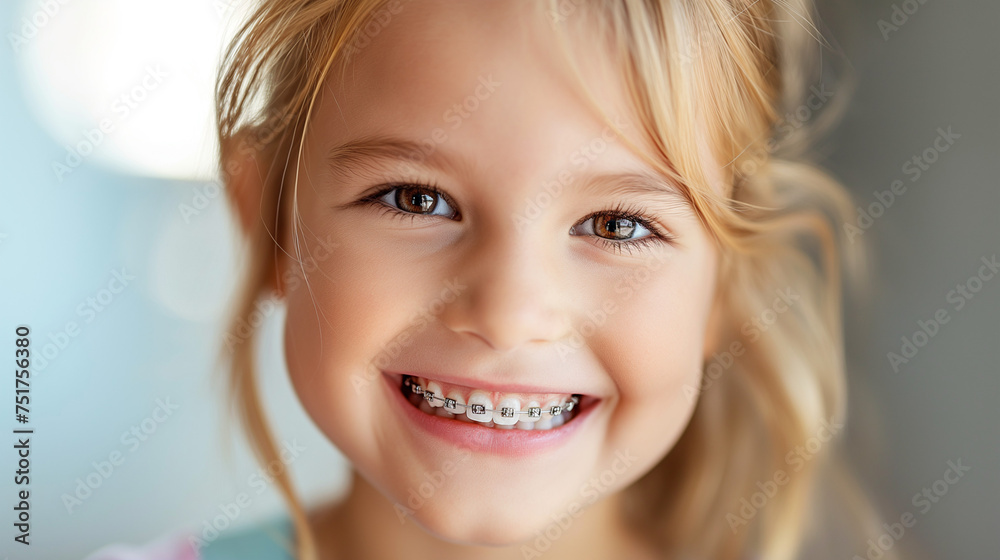 Portrait of a happy smiling teenage blond girl with dental braces on blurred outdoor background with copy space. Portrait of a happy smiling teenage blond girl with dental braces on blurred outdoor background with copy space.