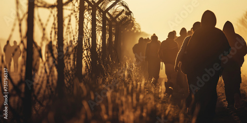 Silhouette of crowd of refugees or illegal immigrants stands by barbed wire border with copy space, concept of crossing the border, asylum, immigration, borderline demarcation.