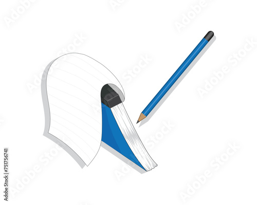 vector design of a small blue and white notebook or pocket book with one paper open and a blue pencil