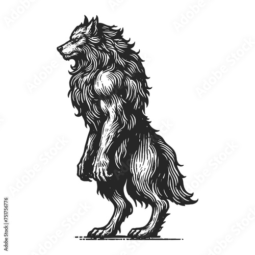majestic werewolf sketch engraving generative ai vector illustration. Scratch board imitation. Black and white image.
