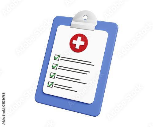 3D medical report icon. Clinical record, prescription, health checkup, healthcare, health insurance, finance and medical service, medical check marks report. 3d illustration