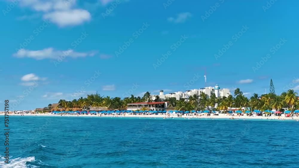 Isla Mujeres panorama view from speed boat in Cancun Mexico.