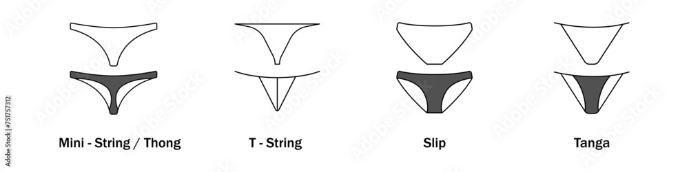 Women panties vector. A set of different women panties. A collection of types of women underwear. The concept of underwear for women. - obrazy, fototapety, plakaty 