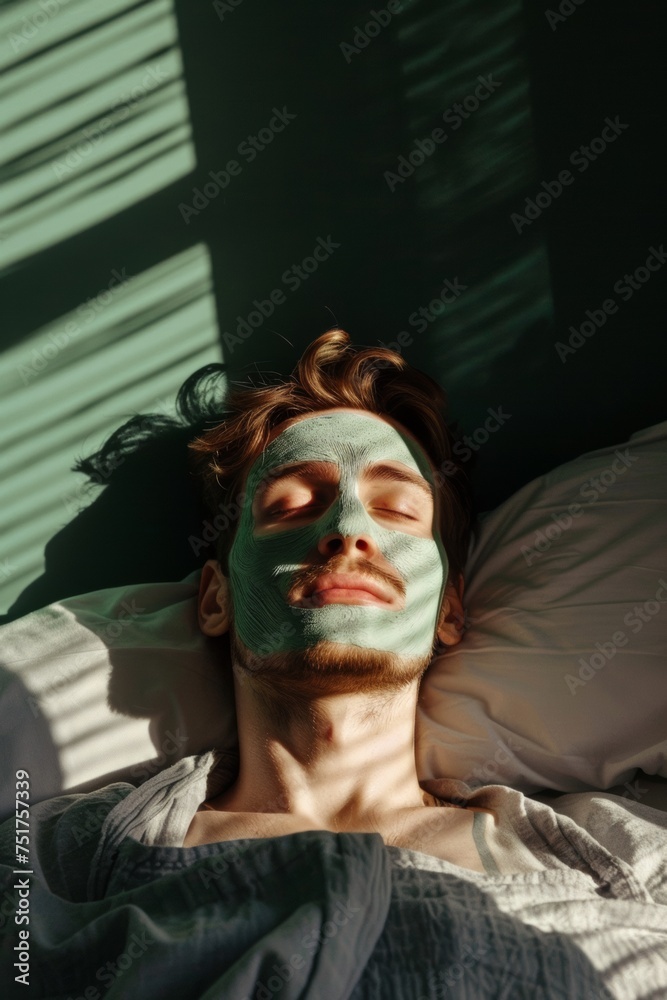 A peaceful man enjoys sunlight through blinds, lying on a bed with a green facial mask, evoking relaxation and morning skincare rituals. A peaceful man enjoys sunlight through blinds, lying on a bed with a green facial mask, evoking relaxation and morning skincare rituals.