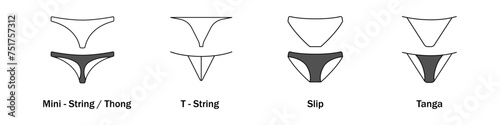 Women panties vector. A set of different women panties. A collection of types of women underwear. The concept of underwear for women.