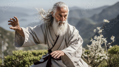 Venerable Grand Master of Tai Chi Chuan demonstrates Exercises Wallpaper Background Magazine Brainstorming Poster Martial-Arts Digital Art Cover 