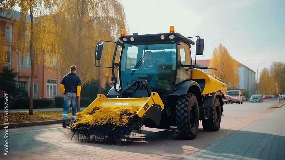 Street Cleaner. A road sweeper. Demonstration of harvesting equipment.