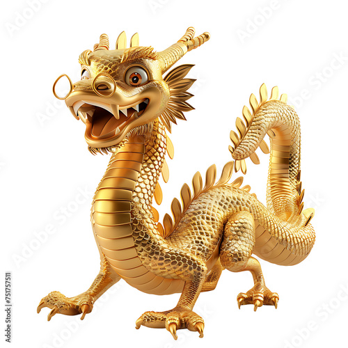 3D cute style golden Chinese dragon lucky smile on transparent background png