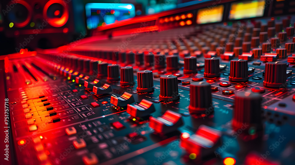 Obraz premium Wide-angle shot of a mixing console for a recording studio. Red cinematic studio light.