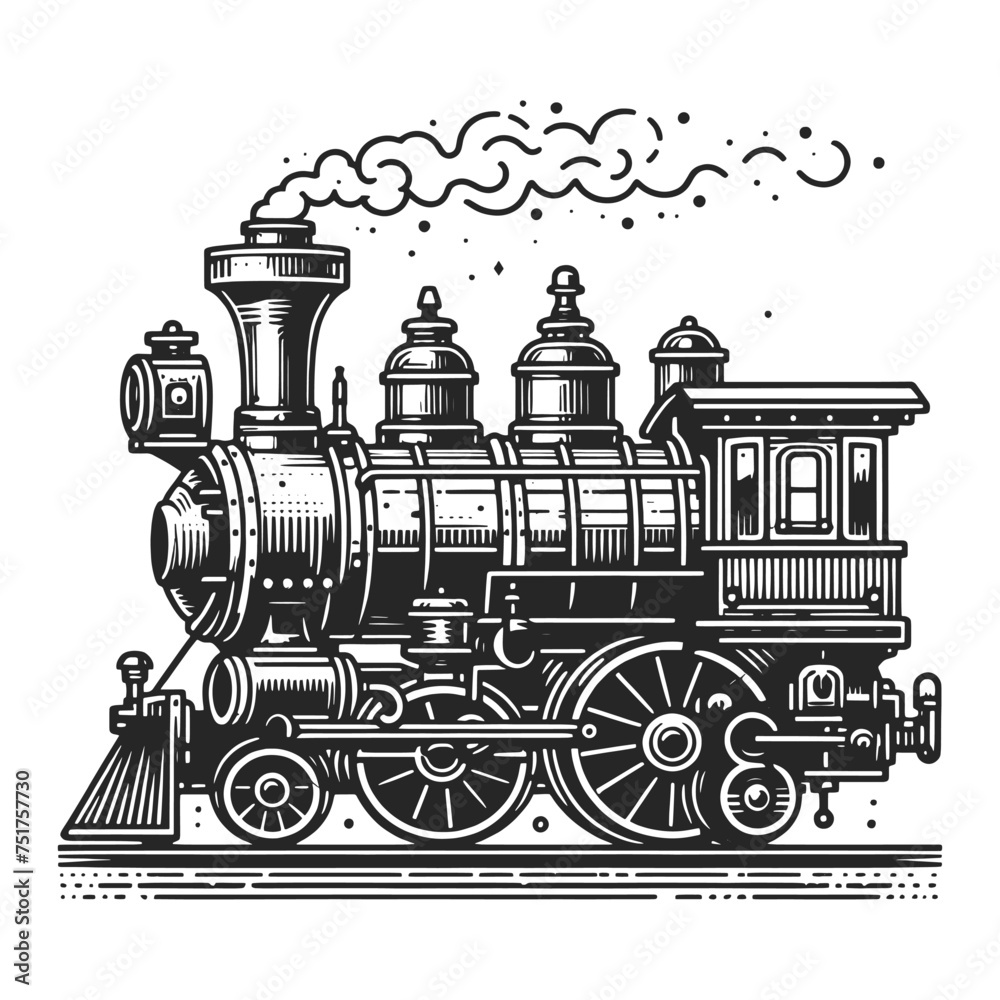 Steam locomotive train in steampunk style sketch engraving generative ai vector illustration. Scratch board imitation. Black and white image.