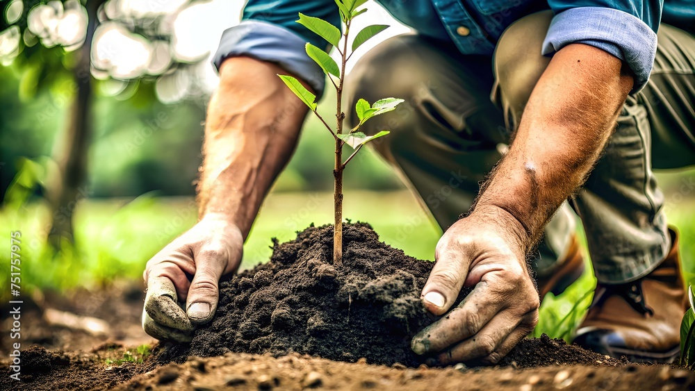 Fototapeta premium World Earth Day Artistry: Witness the Detail in a Close-Up Illustration Depicting a Man's Dedication to the Planet Through Tree Planting, Symbolizing the Intersection of Sustainability, Conservation