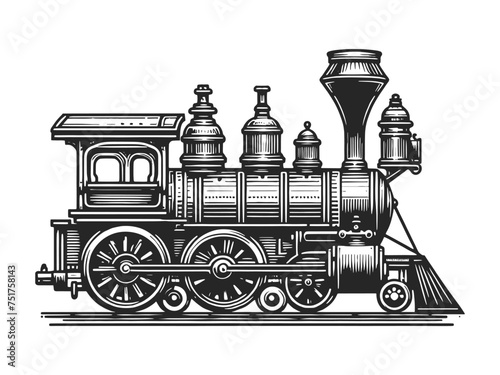 Steam locomotive train in steampunk style sketch engraving generative ai vector illustration. Scratch board imitation. Black and white image.