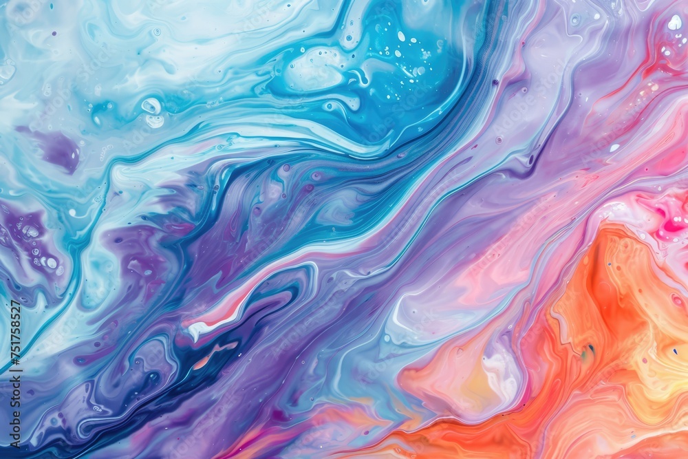 close-up of a marbled acrylic painting features swirls of turquoise, cobalt blue, and black, creating a cellular-like pattern with a sense of movement and fluidity.