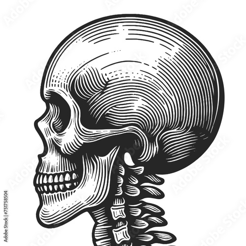 human skull side view detailed bone structure sketch engraving generative ai fictional character vector illustration. Scratch board imitation. Black and white image.