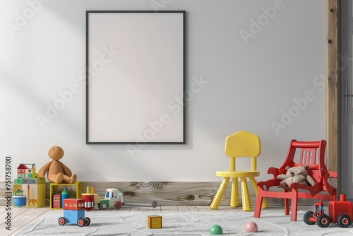 Modern and design scandinavian interior of kidroom, armachirs, mock up poster frame, photo