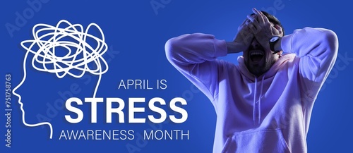 Banner for Stress Awareness Month with man having panic attack photo