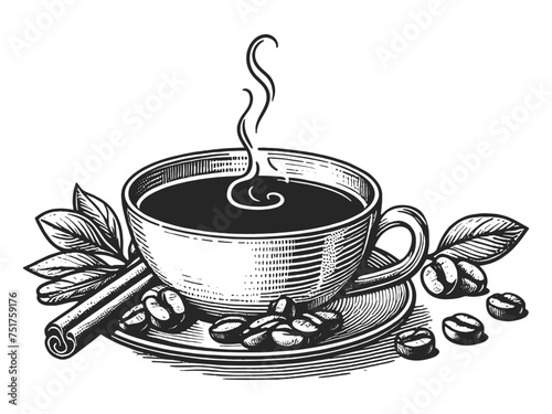 steaming coffee or tea cup surrounded by coffee beans and floral elements sketch engraving generative ai vector illustration. Scratch board imitation. Black and white image.