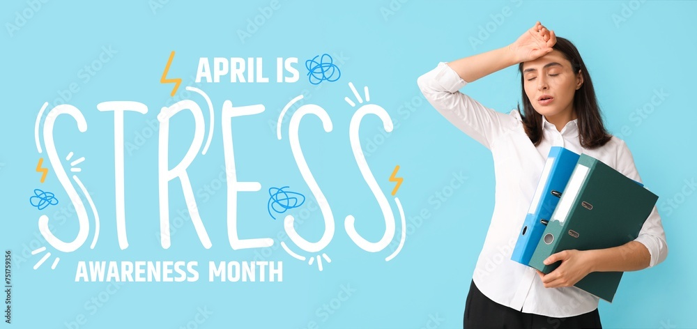 Banner for Stress Awareness Month with troubled businesswoman - obrazy, fototapety, plakaty 