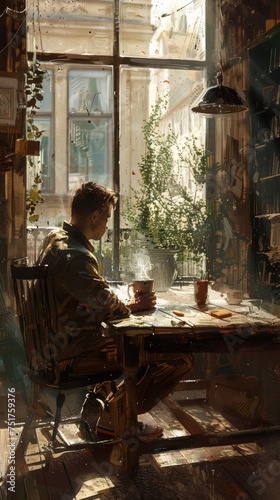 A man sitting at a table with a cup of coffee